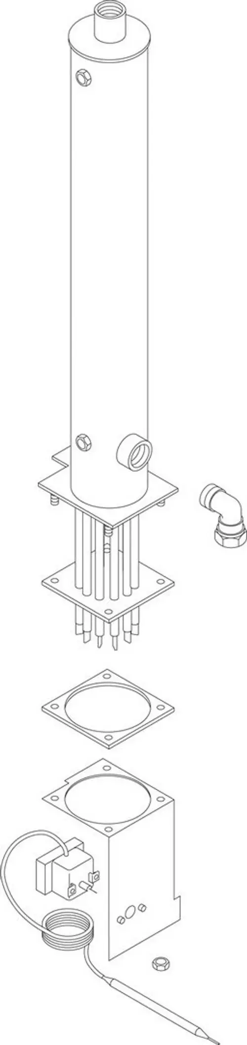 Ersatzteilzeichnung für eine Bosch Elektroheizung. Sichtbar sind der Heizkörper, die Montageplatte, elektrische Anschlüsse und ein Temperaturfühler.